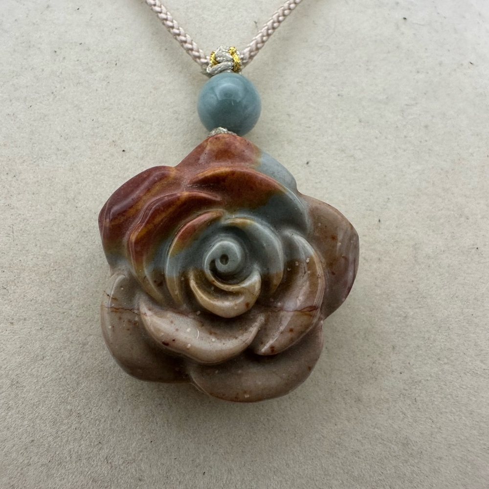 Polychrome Rose Pendant Necklace with Jade Bead on Beige Adjustable Rope - Picture 8 of 8